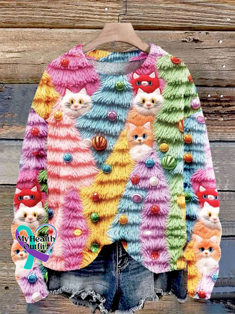 Christmas Tree Cute Cat 3D Print Knit Pullover Sweater Multicolor / S