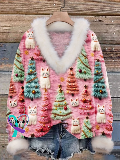 Christmas Tree Cute Cat 3D Print Knit Pullover Sweater Multicolor / S