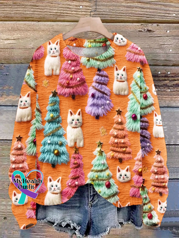 Christmas Tree Cute Cat 3D Print Knit Pullover Sweater Orange / S