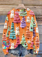 Christmas Tree Cute Cat 3D Print Knit Pullover Sweater Orange / S