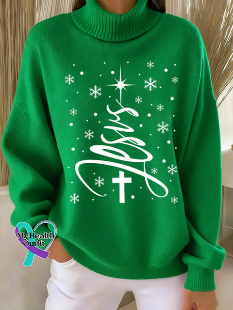 Christmas tree Faith Print Knit Turtleneck Pullover Sweater Green / S