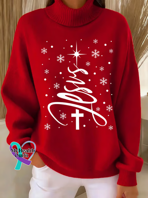Christmas tree Faith Print Knit Turtleneck Pullover Sweater Red / S