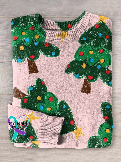 Christmas Tree Festive Print Knit Pullover Sweater Pink / S