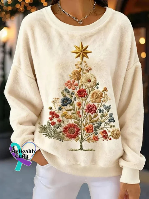Christmas Tree Floral Fuzzy Cozy Plush Sweatshirt Multicolor / S