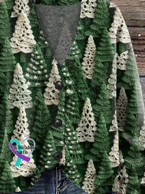 Christmas Tree Green White Print Buttoned V-Neck Cardigan Sweater