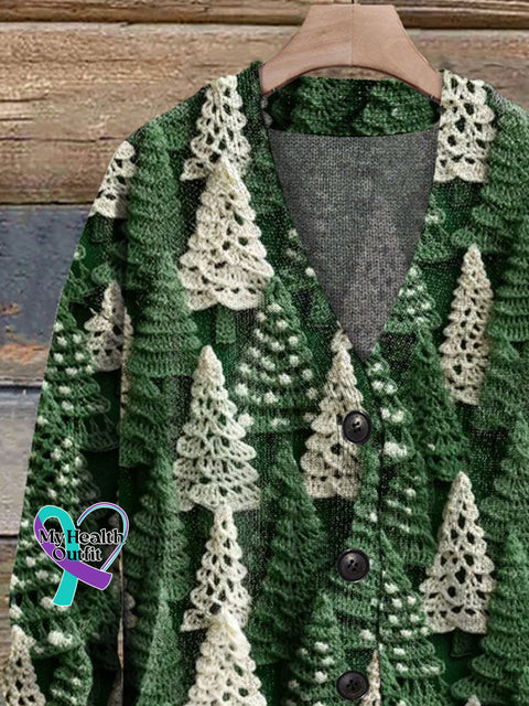 Christmas Tree Green White Print Buttoned V-Neck Cardigan Sweater