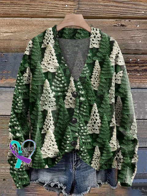 Christmas Tree Green White Print Buttoned V-Neck Cardigan Sweater / S