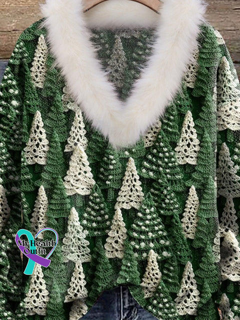 Christmas Tree Green White Print Knit Pullover Sweater