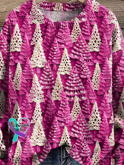 Christmas Tree Green White Print Knit Pullover Sweater