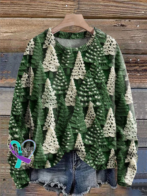Christmas Tree Green White Print Knit Pullover Sweater Multicolor / S