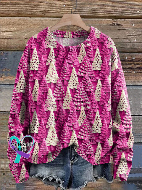 Christmas Tree Green White Print Knit Pullover Sweater Pink / S