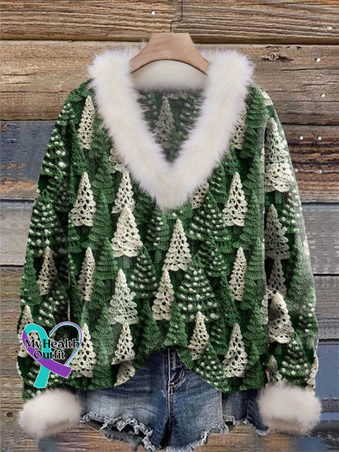 Christmas Tree Green White Print Knit Pullover Sweater / S