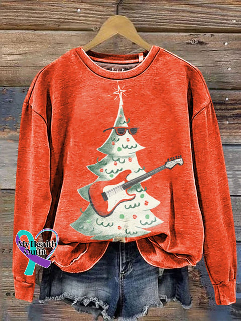 Christmas Tree Guitarist Art Print Casual Sweatshirt Multicolor / S