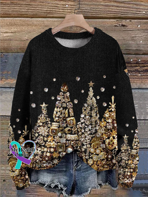 Christmas Tree Jewelry Art Pearls Print Knit Pullover Sweater Black / S