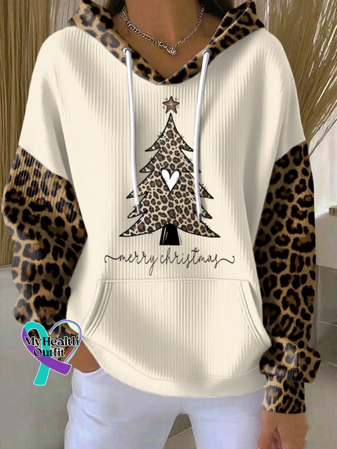 Christmas Tree Leopard Print Cotton Casual Hoodie Sweatshirt Multicolor / S