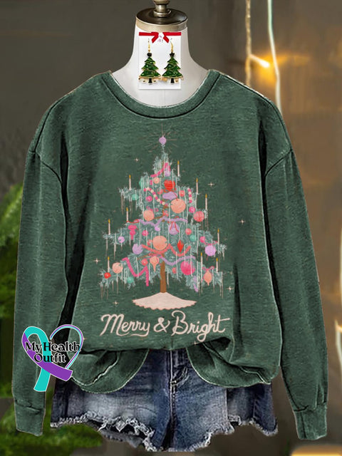 Christmas Tree Lights Decorated Printed Casual Sweatshirt Darkgreen / S