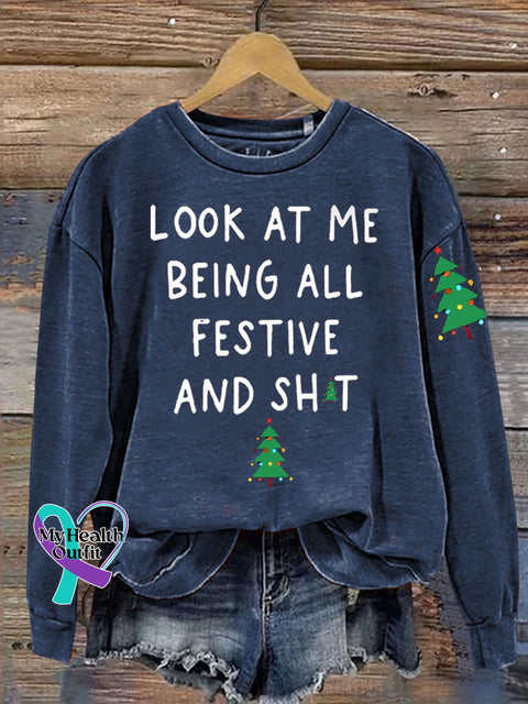 Christmas Tree Look At Me Being All Festive Funny Print Casual Sweatshirt Navyblue / S