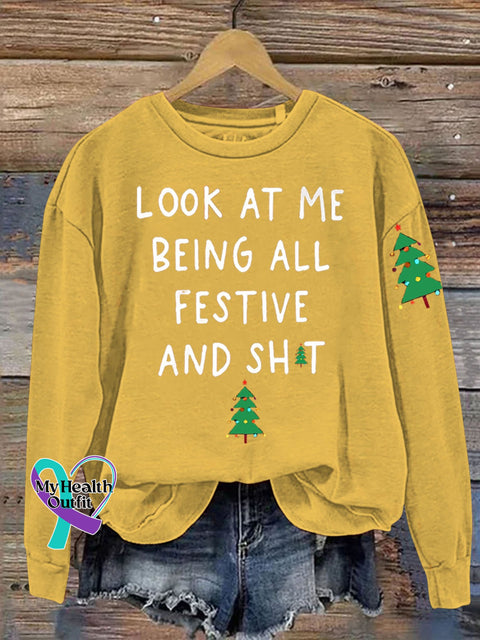 Christmas Tree Look At Me Being All Festive Funny Print Casual Sweatshirt Yellow / S