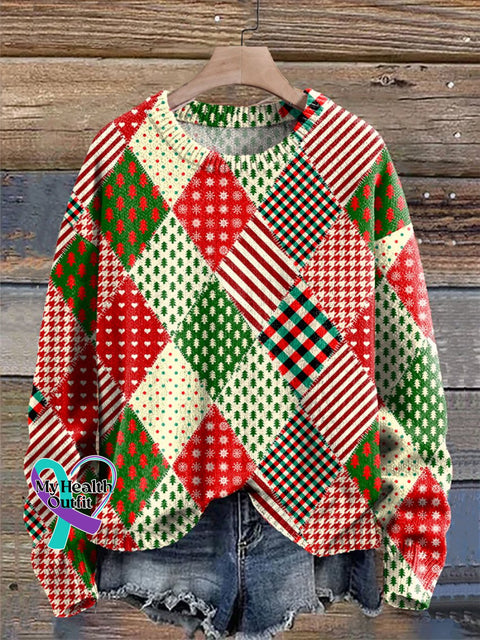 Christmas Tree Love Streak Diamond Lattice Print Knit Pullover Sweater