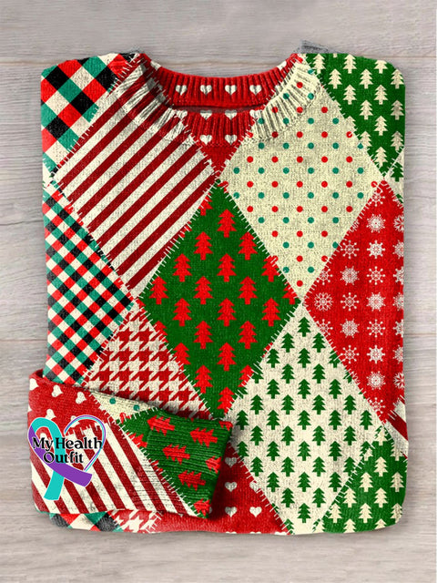Christmas Tree Love Streak Diamond Lattice Print Knit Pullover Sweater Multicolor / S