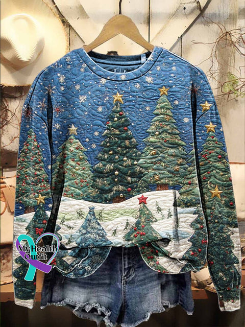 Christmas Tree Night Patchwork Casual Sweatshirt Multicolor / S