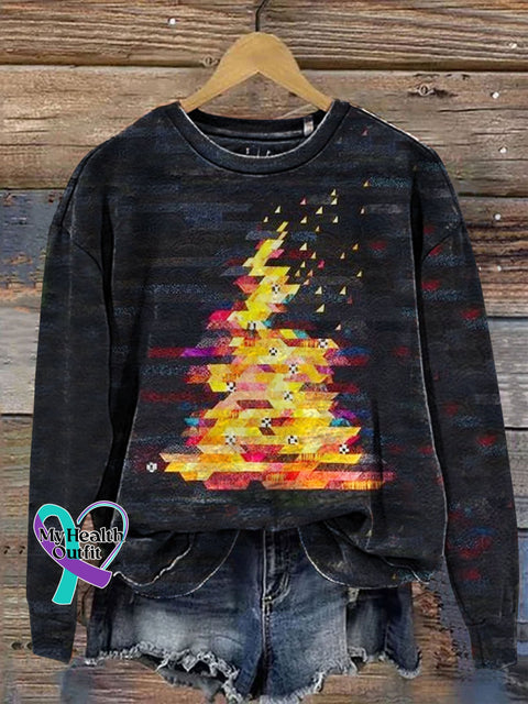 Christmas Tree Patchwork Art Prrint Casual Sweatshirt Multicolor / S