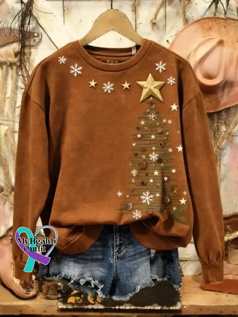 Christmas Tree Pattern Art Print Casual Cotton Sweatshirt Brown / S