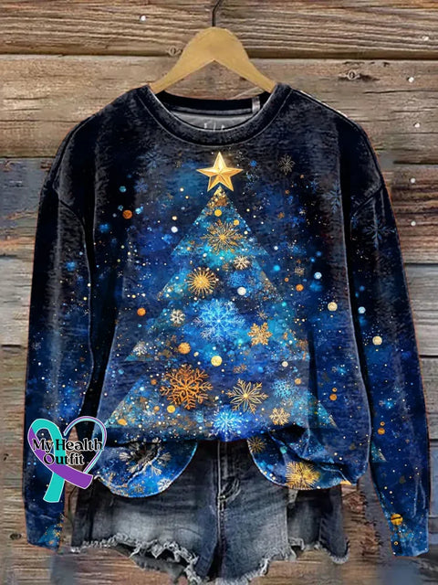 Christmas Tree Pattern Art Print Casual Cotton Sweatshirt DarkBlue / S