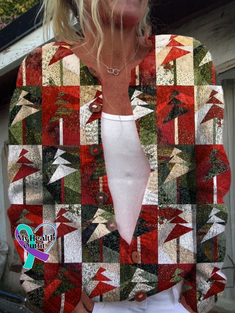 Christmas Tree Print Buttoned Cardigan Sweater Multicolor / S