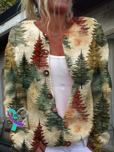 Christmas Tree Print Buttoned Cardigan Sweater Multicolor / S