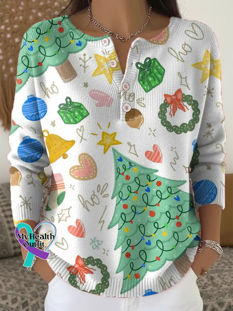 Christmas Tree Print Buttoned Cardigan Sweater Multicolor / S