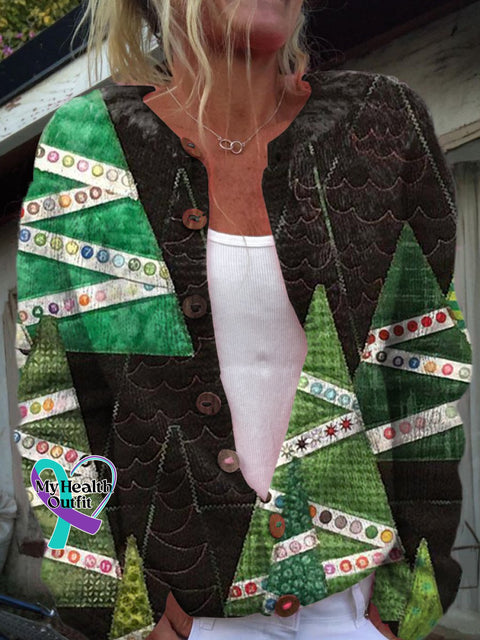 Christmas Tree Print Buttoned Cardigan Sweater Multicolor / S