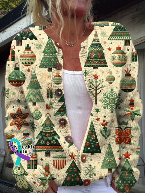 Christmas Tree Print Buttoned Cardigan Sweater Multicolor / S