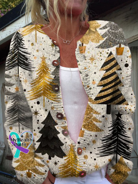 Christmas Tree Print Buttoned Cardigan Sweater Multicolor / S