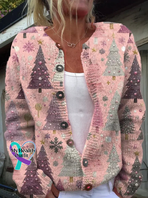 Christmas Tree Print Buttoned Cardigan Sweater Multicolor / S