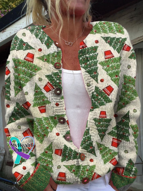 Christmas Tree Print Buttoned Cardigan Sweater Multicolor / S
