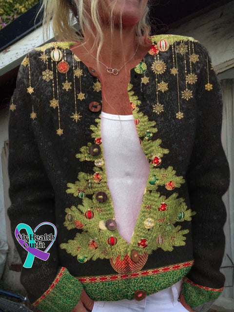 Christmas Tree Print Buttoned Cardigan Sweater Multicolor / S