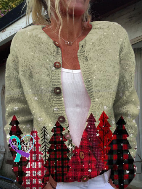 Christmas Tree Print Buttoned Cardigan Sweater Multicolor / S
