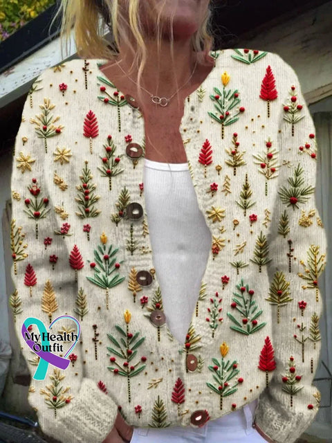 Christmas Tree Print Buttoned Cardigan Sweater Multicolor / S