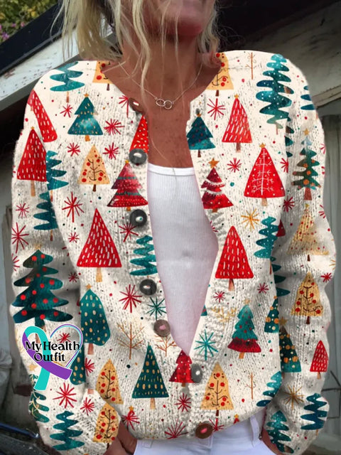 Christmas Tree Print Buttoned Cardigan Sweater Multicolor / S