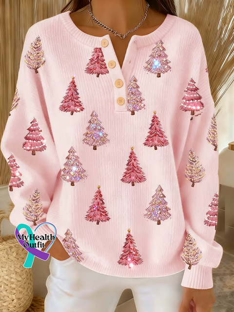Christmas Tree Print Buttoned Cardigan Sweater Pink / S