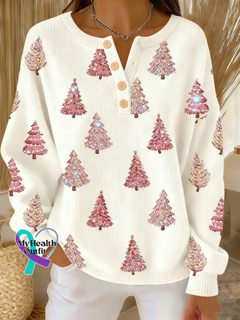 Christmas Tree Print Buttoned Cardigan Sweater White / S