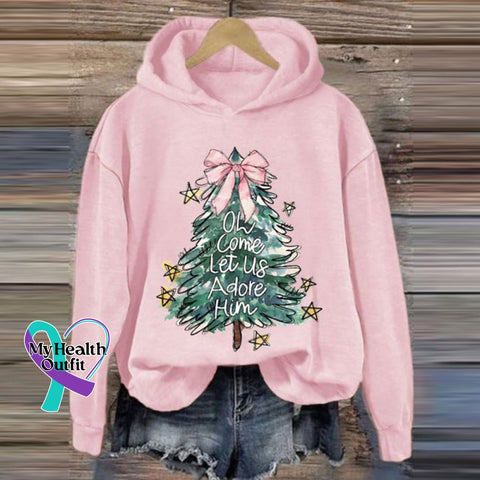 Christmas Tree Print Casual Long Sleeve Hoodie Light Pink / S
