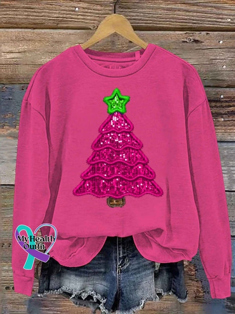 Christmas Tree Print Casual Sweatshirt Barbie Pink / S