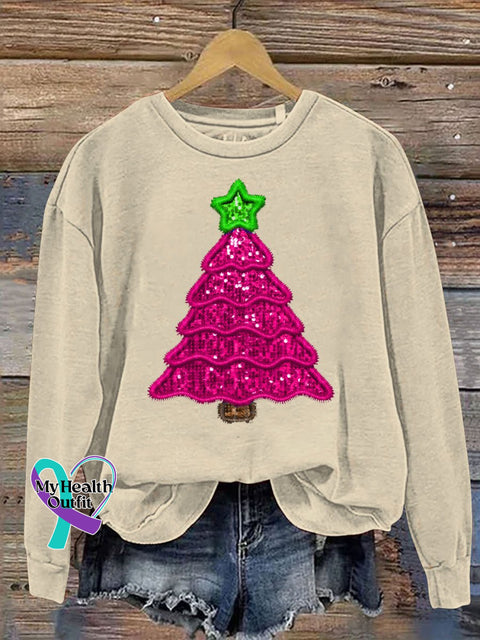 Christmas Tree Print Casual Sweatshirt Beige / S