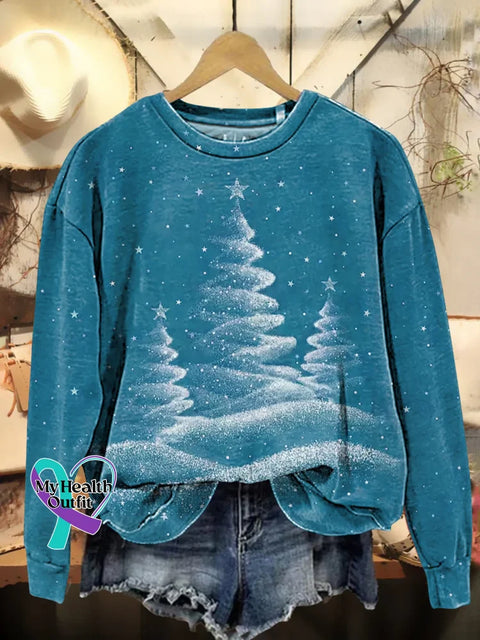 Christmas Tree Print Casual Sweatshirt Blue / S