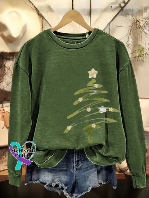 Christmas Tree Print Casual Sweatshirt Green / S