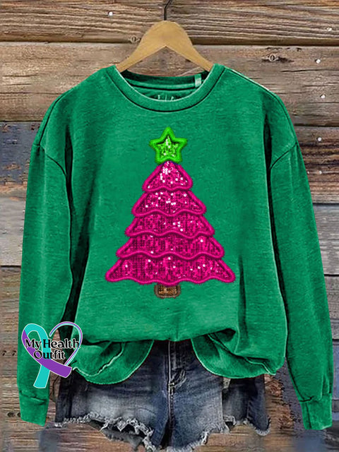 Christmas Tree Print Casual Sweatshirt Green / S