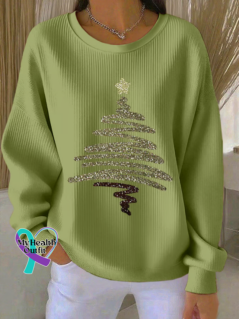 Christmas Tree Print Casual Sweatshirt Green / S