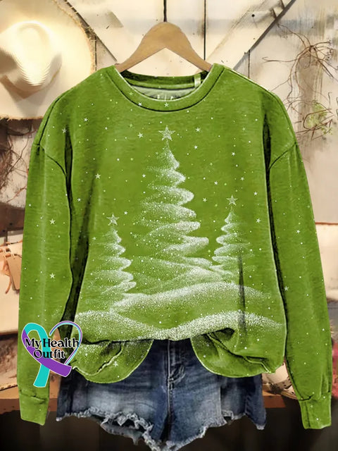 Christmas Tree Print Casual Sweatshirt Green / S